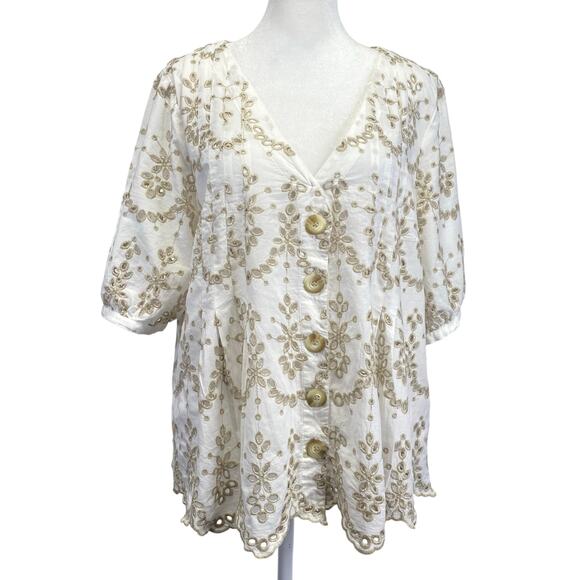 FEATHER BONE Anthropologie Medina White Eyelet Scalloped Blouse Boho Wmns Sz 12 - Picture 1 of 12